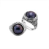 Sterling Silver Round Shape Ring With Gray Pearl cabochon ring with woven Balinese silver band, handcrafted in Bali
